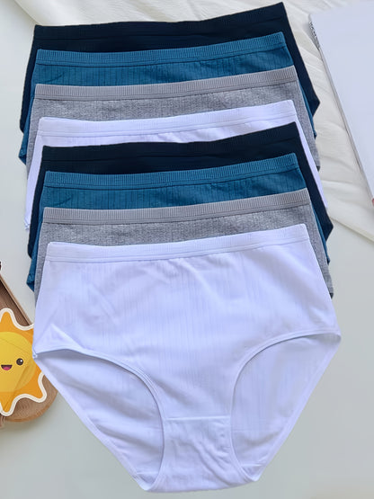 8pcs Solid Seamless Ribbed Briefs, Simple Comfy Breathable Stretchy Intimates Panties, Women's Lingerie & Underwear