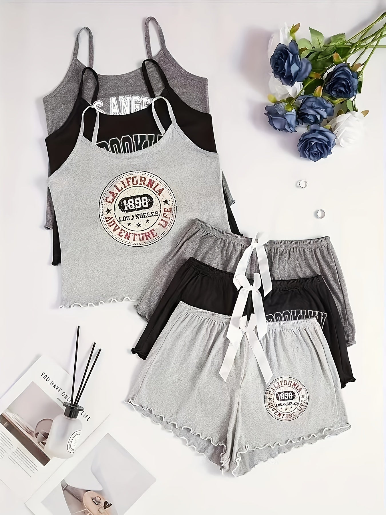 6pcs Women'S Pajama Set with Letter Print & Bow Detail - Soft Spaghetti Strap Sleepwear, All-Season Comfort, 6 Styles (Black/White/Red/Grey/Navy/Beige) for Lounge & Sleepwear, Cozy Loungewear, Casual Sleepwear, Comfortable Fi