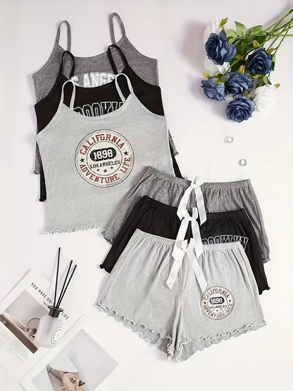 6pcs Women'S Pajama Set with Letter Print & Bow Detail - Soft Spaghetti Strap Sleepwear, All-Season Comfort, 6 Styles (Black/White/Red/Grey/Navy/Beige) for Lounge & Sleepwear, Cozy Loungewear, Casual Sleepwear, Comfortable Fi