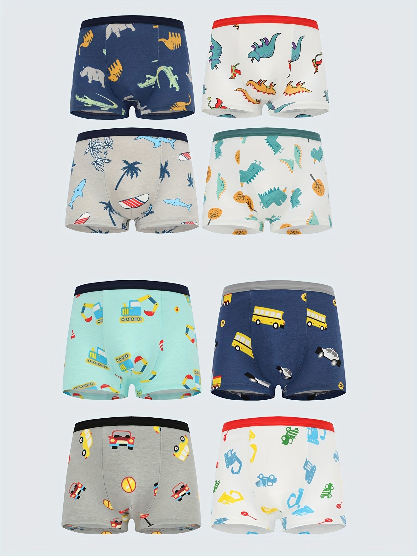 Conjunto de 8 Cuecas Boxer para Criança com Estampas de Dinossauro e Camião Escavador - Tecido Elástico Respirável, Cintura Elástica, Roupa Íntima Macia e Casual para Jovens, Cuecas Boxer Elegantes para Meninos