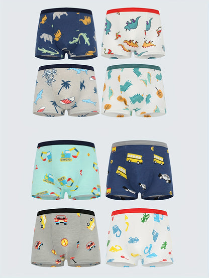 Conjunto de 8 Cuecas Boxer para Criança com Estampas de Dinossauro e Camião Escavador - Tecido Elástico Respirável, Cintura Elástica, Roupa Íntima Macia e Casual para Jovens, Cuecas Boxer Elegantes para Meninos