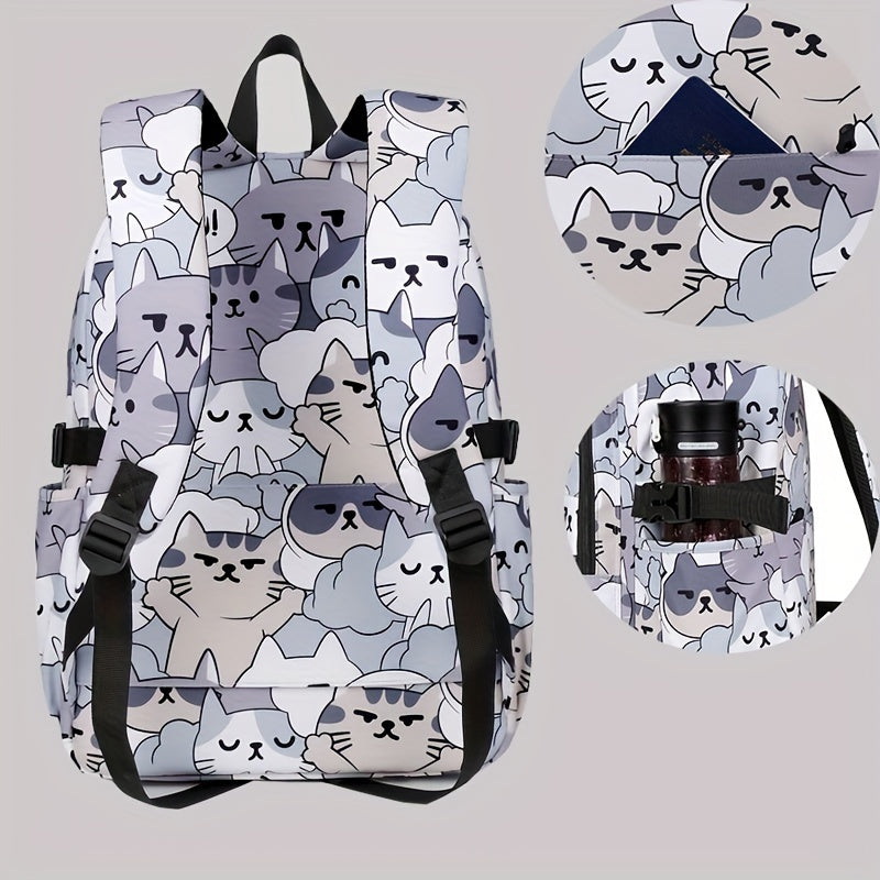 Casual Fashion Cartoon Cats Print Knapsack With Adjustable Strap And Large Capacity, Zip Up, Trendy Backpack For Travel And School