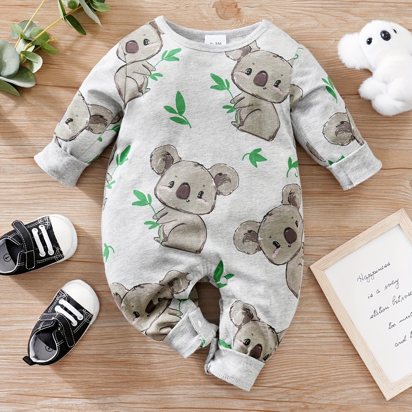 Baby Cute Cartoon Koala Long Sleeve Crew Neck Rompers