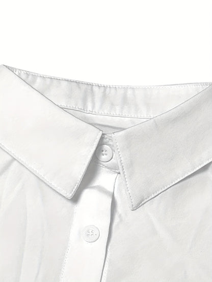Solid Color Lapel Neck Blouse, Casual Button Front Short Sleeve Blouse For Spring & Summer, Women's Clothing