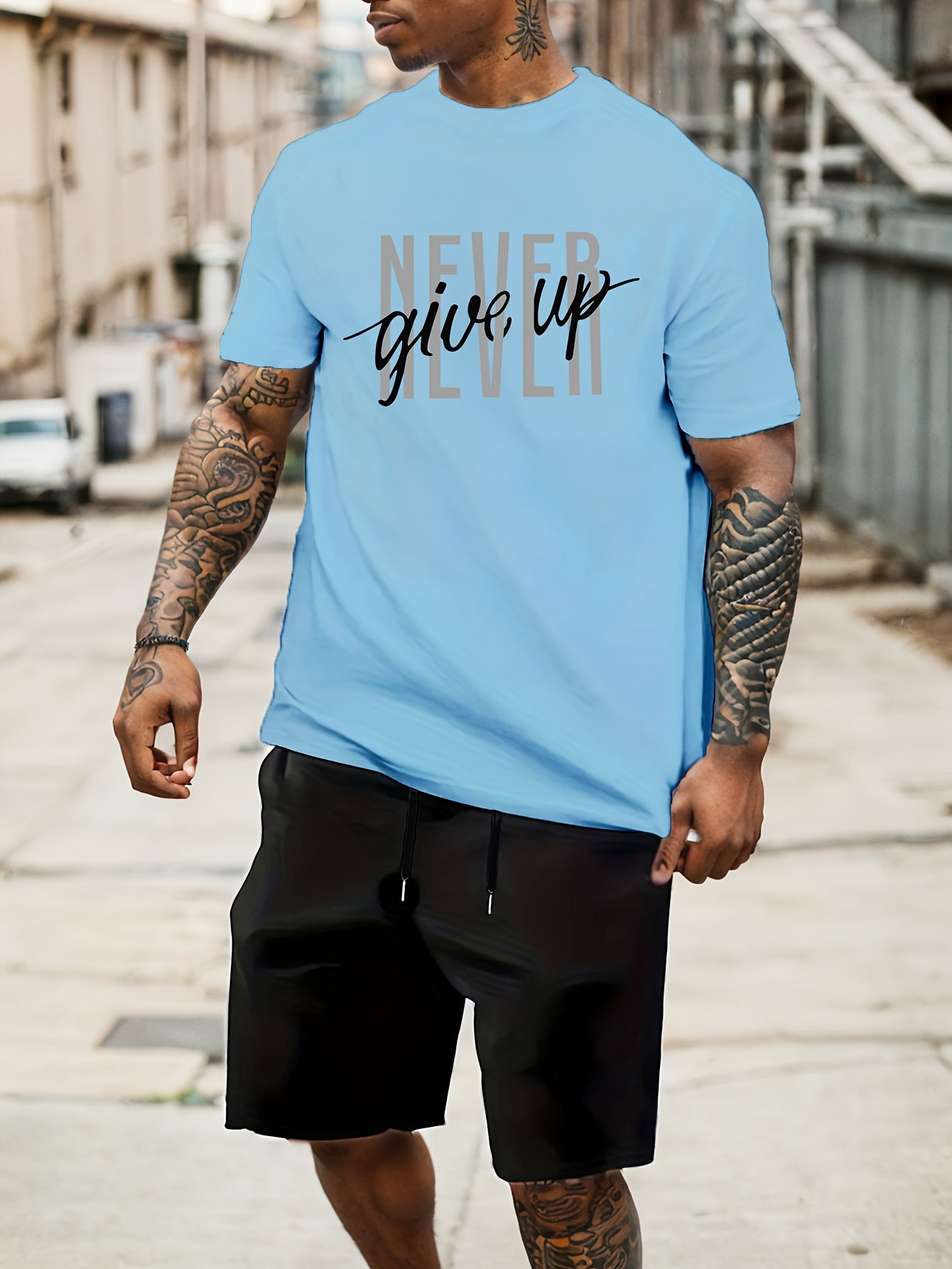 Men's Fashion NEVER GIVE UP Letter Print Loungewear Set, Short Sleeve Crew Neck Graphic T-shirt & Drawstring Shorts With Pockets, Casual Pajama Set, Men's 2piece Outfits