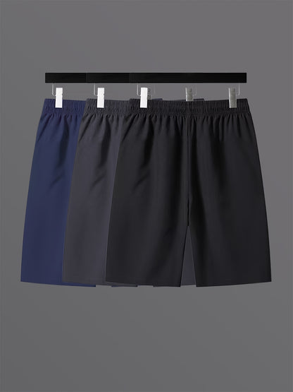 3pcs Men's Lightweight Quick-Dry Athletic Running Shorts - Loose Fit Plus Size, Zipper Pocket & Elastic Waistband, Polyester/Elastane Blend Swim Shorts with White & Black Design for Gym, Beach, Jogging - Summer Workout Swim T