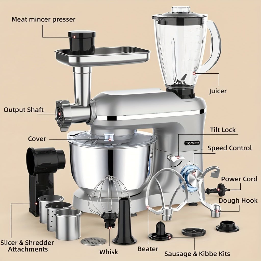 Homlee 6 in 1 Multifunctional Stand Mixer with 5.5L Stainless Steel Bowl, 2000W 6 Speed Tilt-Head Meat Grinder, Juice Blender with 1.5L Glass Jar, Multi-Functional Food Processor, Commercial Mixers for Most Home Cooks Beater
