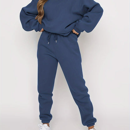 Solid Casual Two-piece Set, Crew Neck Long Sleeve Tops & Drawstring Jogger Pants Oufits, Women's Clothing