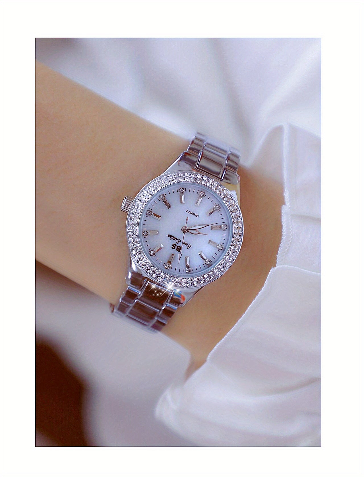 Relógio de quartzo analógico casual com decoração de strass, ideal para festas e ocasiões formais. Ótima opção de presente para o Dia da Mãe e Dia dos Namorados.