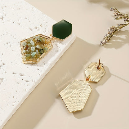 Brincos pendentes hexagonais verde-abacate com decoração de cristais artificiais, estilo retro elegante, em liga de zinco banhada a ouro 18K, joias para banquetes.