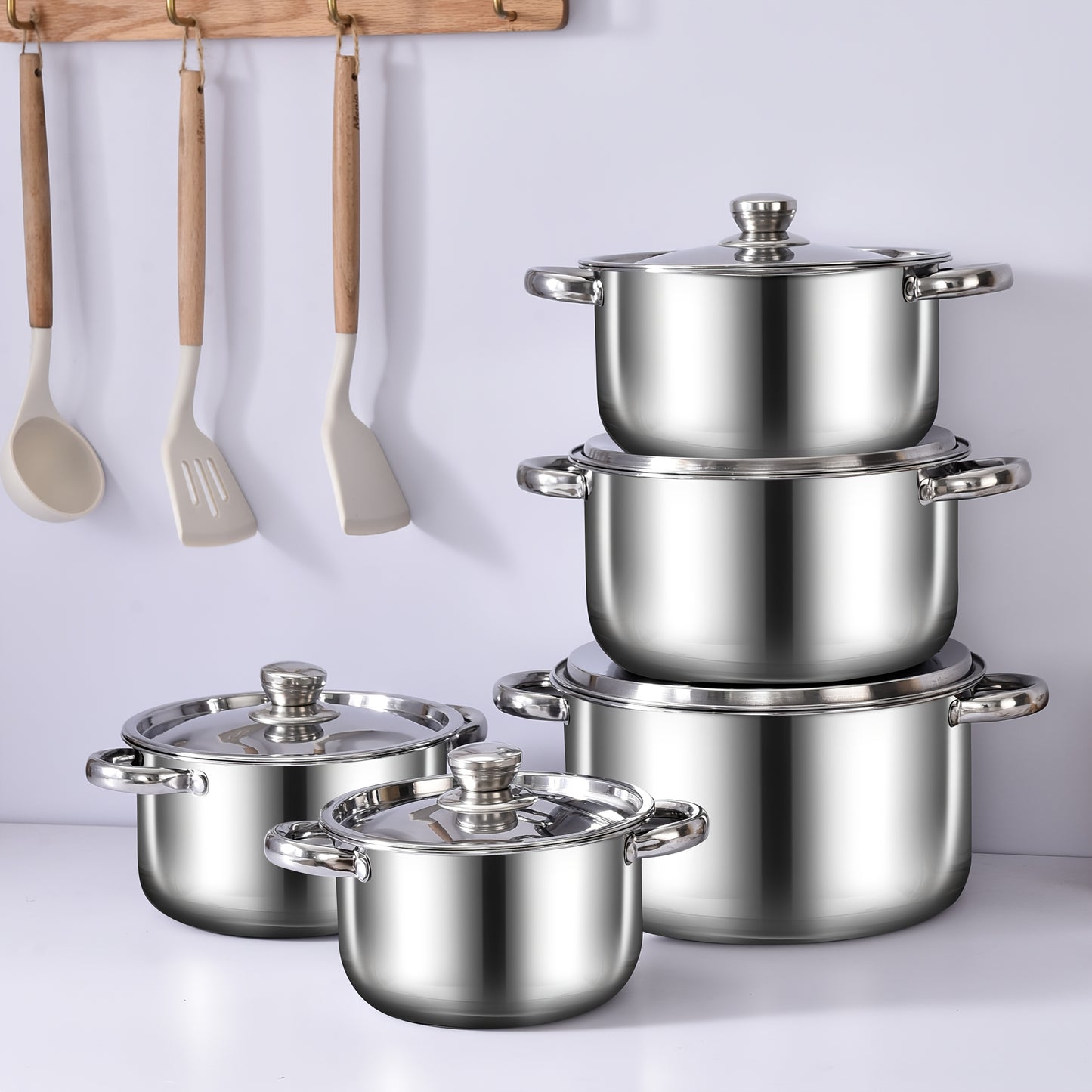 10pcs Stainless Steel Cookware Set, 3.5kg High-Quality, Deep Sided Pots with Lids, Dual Handles, Compatible with Electric Stoves, Ideal for Home and Restaurant Cooking, Suitable for Soup, Hot Pot, Pasta, Seafood Stew