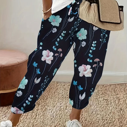 Floral Print Drawstring Straight Leg Pants, Casual Dual Pockets Pants For All Season, Women's Clothing