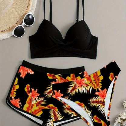 Floral Leaf Print Stretchy 3 Piece Set Swimsuits, Cross Spaghetti Strap Push Up Bikini & Boxer Shorts, Women's Swimwear & Clothing