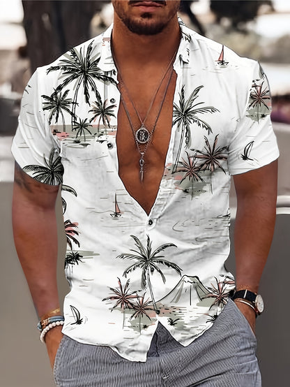 Camisa de homem de manga curta com estampado de coqueiros, ideal para o dia a dia em resorts e para a praia.