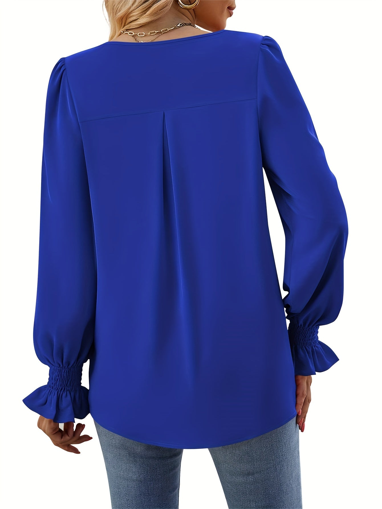 Solid V Neck Simple Blouse, Elegant Long Sleeve Ruched Blouse, Women's Clothing