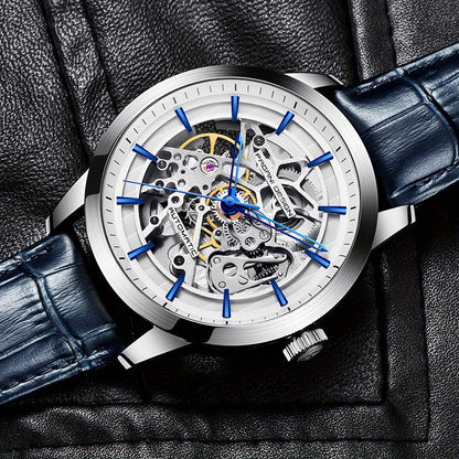 Pagani Design 2023 Men's Automatic Skeleton Watch, Self-Winding, Stainless Steel, Leather Strap, Pointer Series, Water Resistant To 100 Meters Sports Leather Watch
