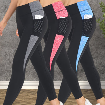 3-Pack Women's Yoga Pants Non-See-Through High-Waisted Workout Leggings - Sweat Absorbent Quick-Dry Yoga Pants with Side Pocket, Stretchy Gym Running Pilates Pants for Women (Black/Gray/Pink Accents - Affordable 3-Pack Deal),
