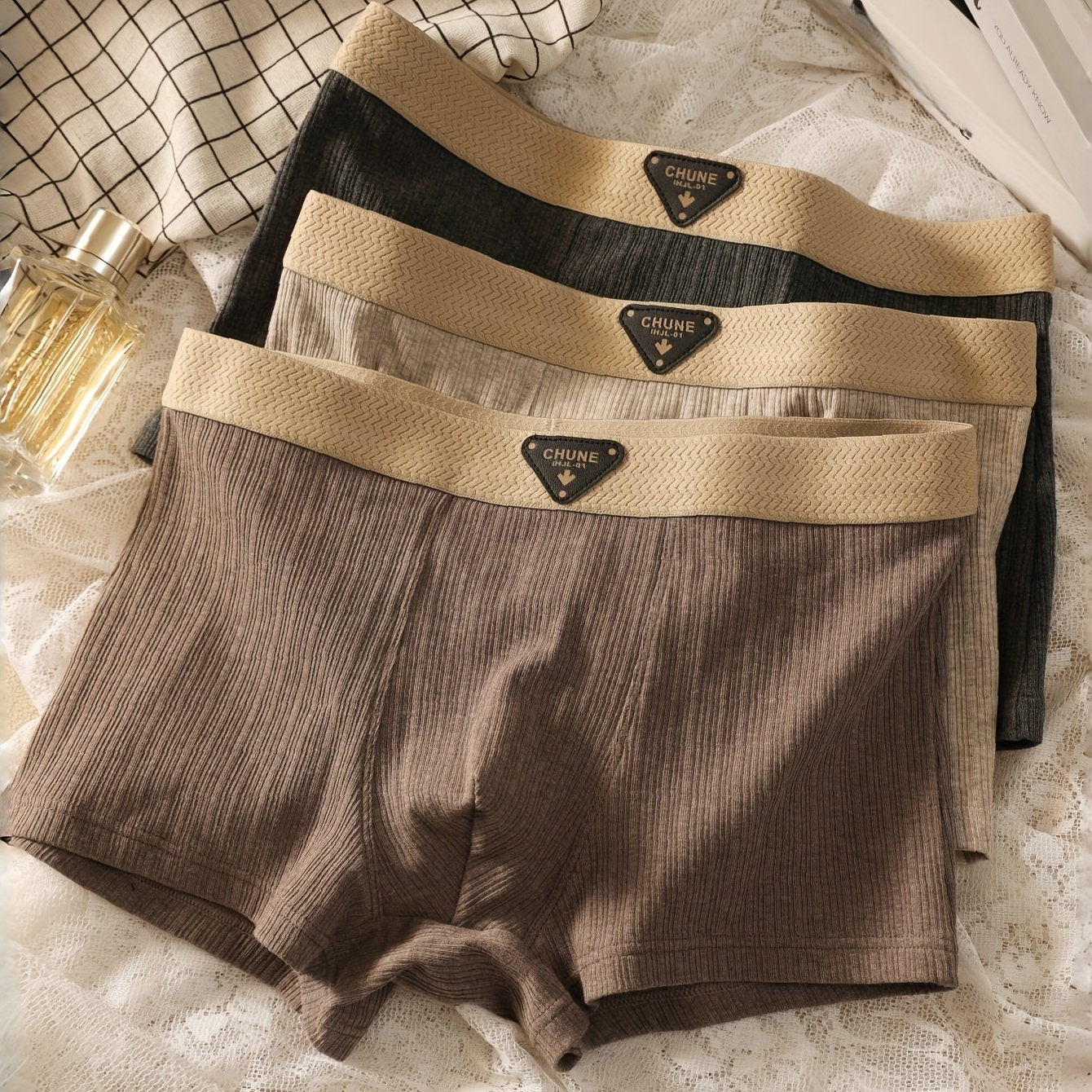 3pcs Men'S Comfortable Retro Boxer Briefs - Breathable Stretch Fabric, Solid Color (Black, Beige, Brown) with Golden Accents, Elastic Waistband & Cuffs for Secure Fit, Comfortable Undergarment, Classic Boxer Design, Smooth Te