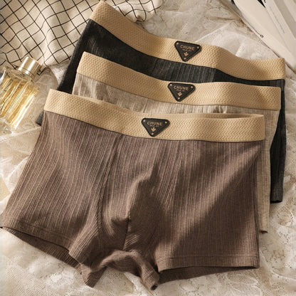 3pcs Men'S Comfortable Retro Boxer Briefs - Breathable Stretch Fabric, Solid Color (Black, Beige, Brown) with Golden Accents, Elastic Waistband & Cuffs for Secure Fit, Comfortable Undergarment, Classic Boxer Design, Smooth Te