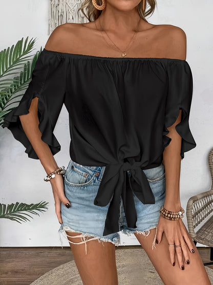 Ruffle Trim Off-shoulder Blouse, Casual Knot Hem Three-quarter Sleeve Blouse For Spring & Summer, Women's Clothing