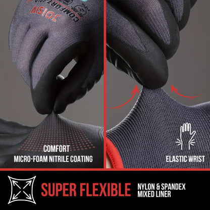 JOISIV 3/6 Pairs Nitrile Work Gloves - MicroFoam Coated, Non-Slip Grip, Breathable Safety Gloves for Gardening, Mechanic, Warehouse & DIY Tasks