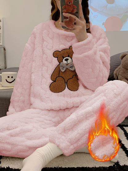 New Autumn and Winter Thick Warm Pajama Set with Jacquard Velvet Long-Sleeve Bear Top and Flannel Pants for Winter