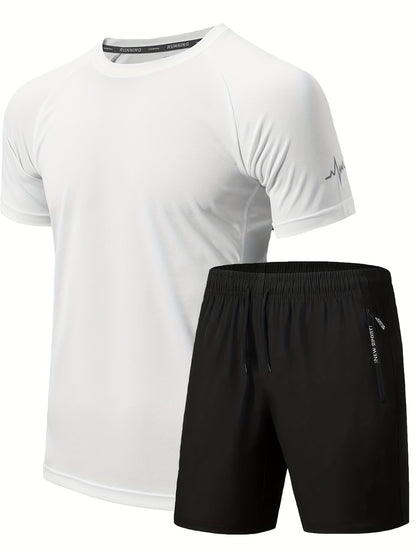 Men's 2Pcs Outfit, Solid Workout Short Sleeve T-shirt & Drawstring Shorts For Basketball Football Exercise Training Running Gym