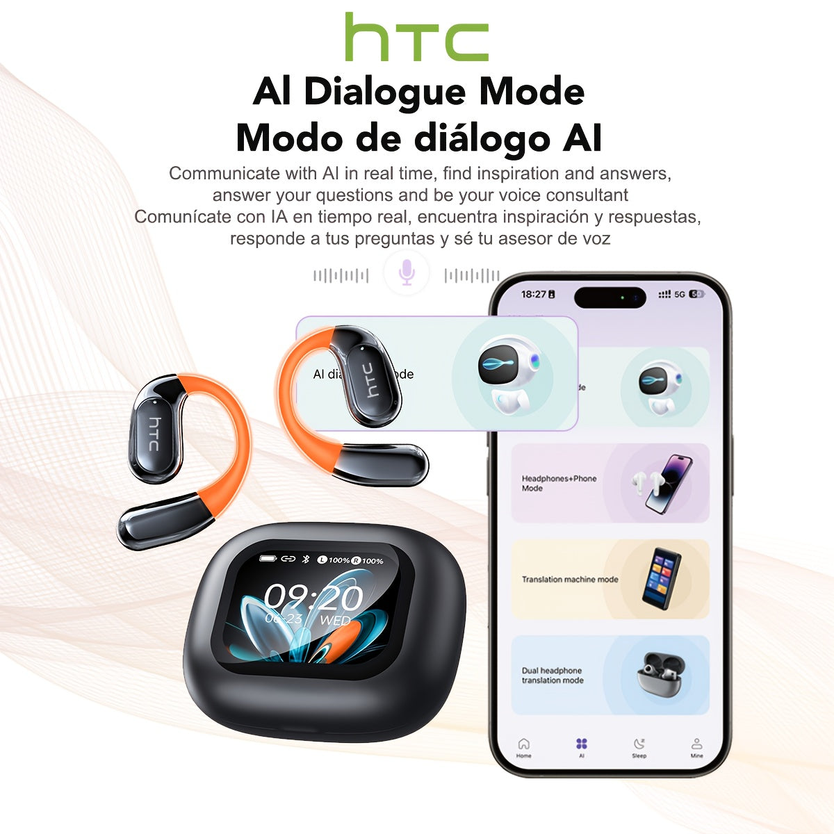 HTC NE27 AI Translation Wireless Earbuds with 134-Language Real-Time Translator, Wireless 6.0, AI- Smart Translator, Noise Cancelling, Transparent Touchscreen Case, Stereo Sound, Long Life for Travel, / Compatible