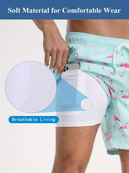 Men's Quick-Dry Beach Shorts with Tropical Palm Tree & Palm Leaf Print - Breathable Stretch Fabric for Summer, Outdoor, Hiking, Swimming - Machine Washable Casual Athletic Shorts, Outdoor Activewear, Summer Shorts