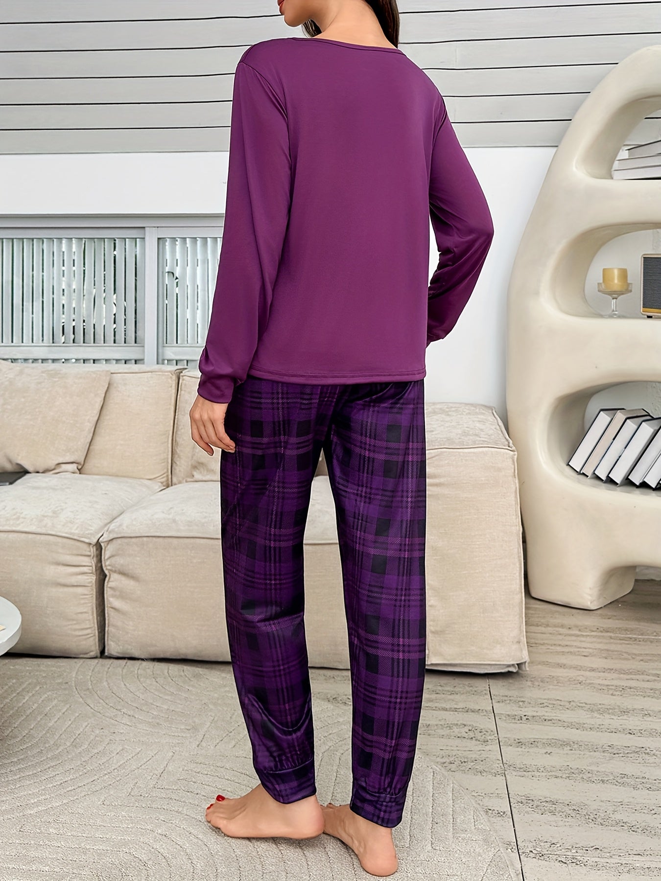 Ladies' Cartoon Cute Purple Plaid Heart Print Long Sleeve Top and Pants Casual Pajama Set for All Seasons