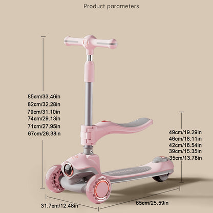 Kids Scooter with Foldable Seat & 2-in-1 Sit & Stand Modes, 5-Level Adjustable Handlebar, Pink with LED Lights & Music, 2-Wheel Stability, Front Brakes & Rear Suspension, Heavy-Duty Construction for Boys & Girls 3-12 Years (B