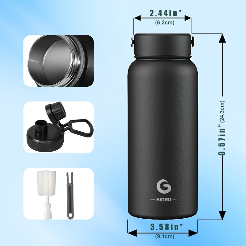 BIGRD 1000ml stainless steel sports Bottle leak proof water bottle double cap Bottle suitable for carbonated water bottle, silicone handle cap/direct drinking cap, suitable for sports/outdoor/camping/fitness/yoga, Yoga Gear,