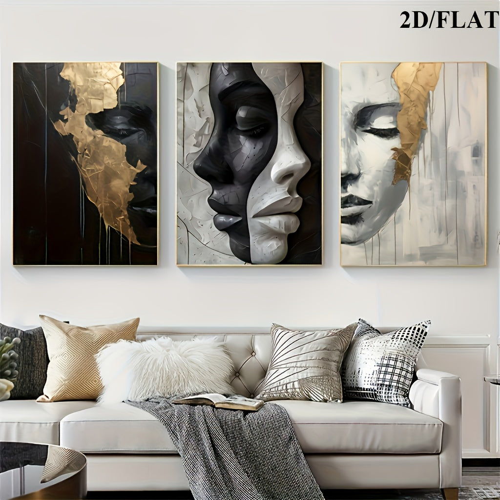 2D/Flat 3pcs Abstract Black and White Elegant Canvas Art with Wooden Frame, Large Wall Decor – Perfect for Living Room, Bedroom, Dining Room, Office – Ideal Halloween & Easter Gift, Flat 2D Design