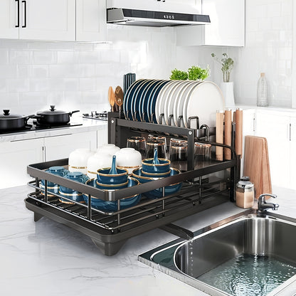 2-Tier Black Iron Kitchen Dish Rack - Large Capacity Organizer with Drainboard, Utensil Holder & Cup Hooks, Foldable Space-Saving Design for Plates, Bowls, Pots, Cutlery - Durable Powder-Coated Finish, Dish Drying Rack for Ki