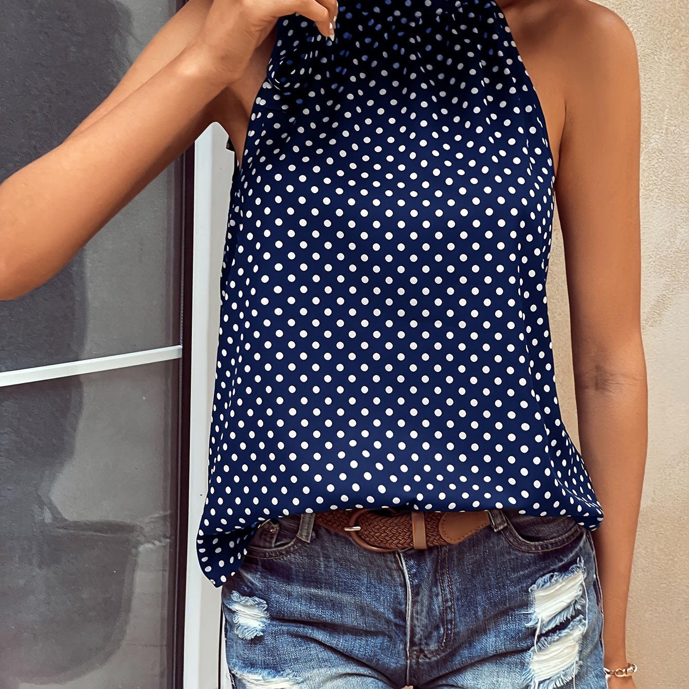 Women's Navy Blue & White Polka Dot Bow Tie Blouse - Lightweight Sleeveless Summer Top, Machine Washable, Versatile Casual to Dressy Shirt for All-Season Wear