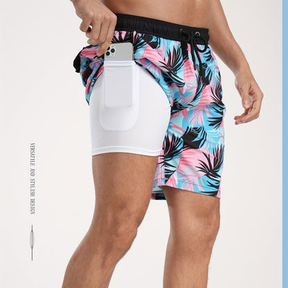 Men's Quick-Dry Beach Shorts with Tropical Palm Tree & Palm Leaf Print - Breathable Stretch Fabric for Summer, Outdoor, Hiking, Swimming - Machine Washable Casual Athletic Shorts, Outdoor Activewear, Summer Shorts
