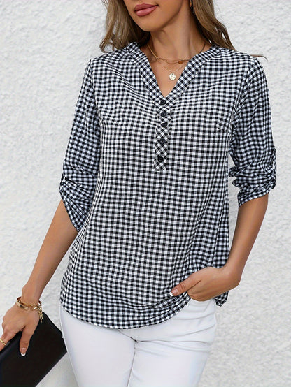 Plaid Print Button Notched Neck Blouse, Casual Rolled Sleeve Blouse For Spring, Women's Clothing