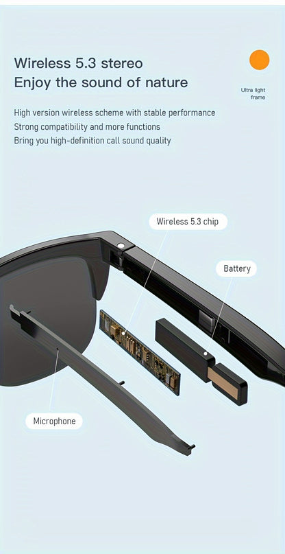 Smart Wireless 5.0 Sunglasses Multifunctional Glasses Wireless Call Play Music Outdoor Sports Headphones Rechargeable HIFI Sound Quality HD Lens Headphones Black Technology Unisex Touch Long Battery Life Anti-UV Lens