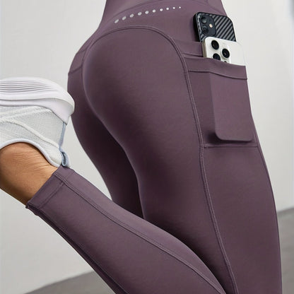 Women's High-Waisted Yoga Leggings with Side Pocket - Full-Length 7/8 Tummy Control Workout Pants, Mauve (Purple-Brown) Solid Color, Breathable Gym Pants for Pilates, & All-Season Wear, Non-Sheer Fitness Bottoms