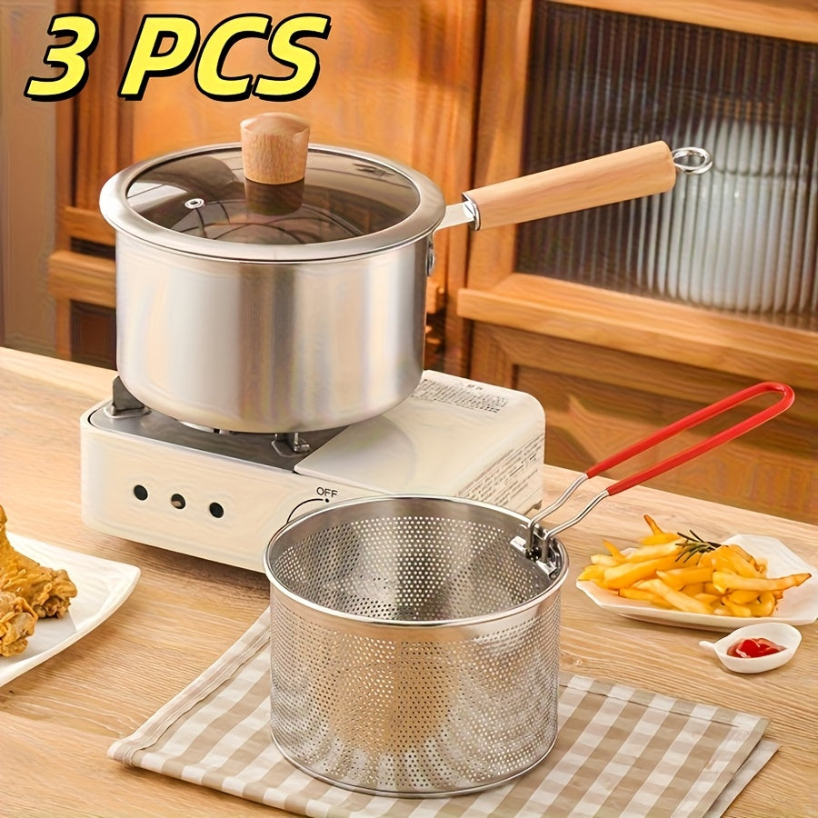Stainless Steel Multi-Purpose Cookware Set with Frying Basket And Glass Lid - Non-Stick Saucepan, Deep Fryer, Noodle Boiler, Milk Pan, Food Steamer, Suitable for Induction & Gas Stoves