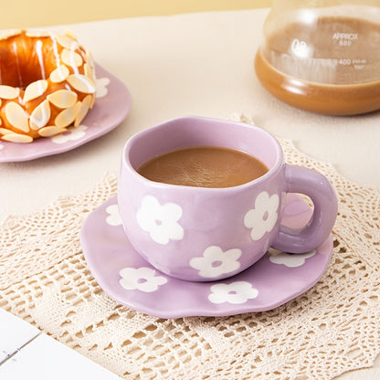 1set YumiPLUS Handmade Floral Ceramic Mug and Saucer Set, Purple Irregular Flower Design, 220ml/7.4oz, Reusable, Insulated, Machine Washable, Multipurpose Coffee Cup for Tea, Milk, Gift for Her