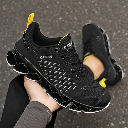 Ténis casual, leve e respirável para homem - amarelo néon e preto, topo em tecido com forro em malha, sola em TPU antitorção, design de cano baixo para todas as estações, ideal para caminhadas, treinos e uso diário.