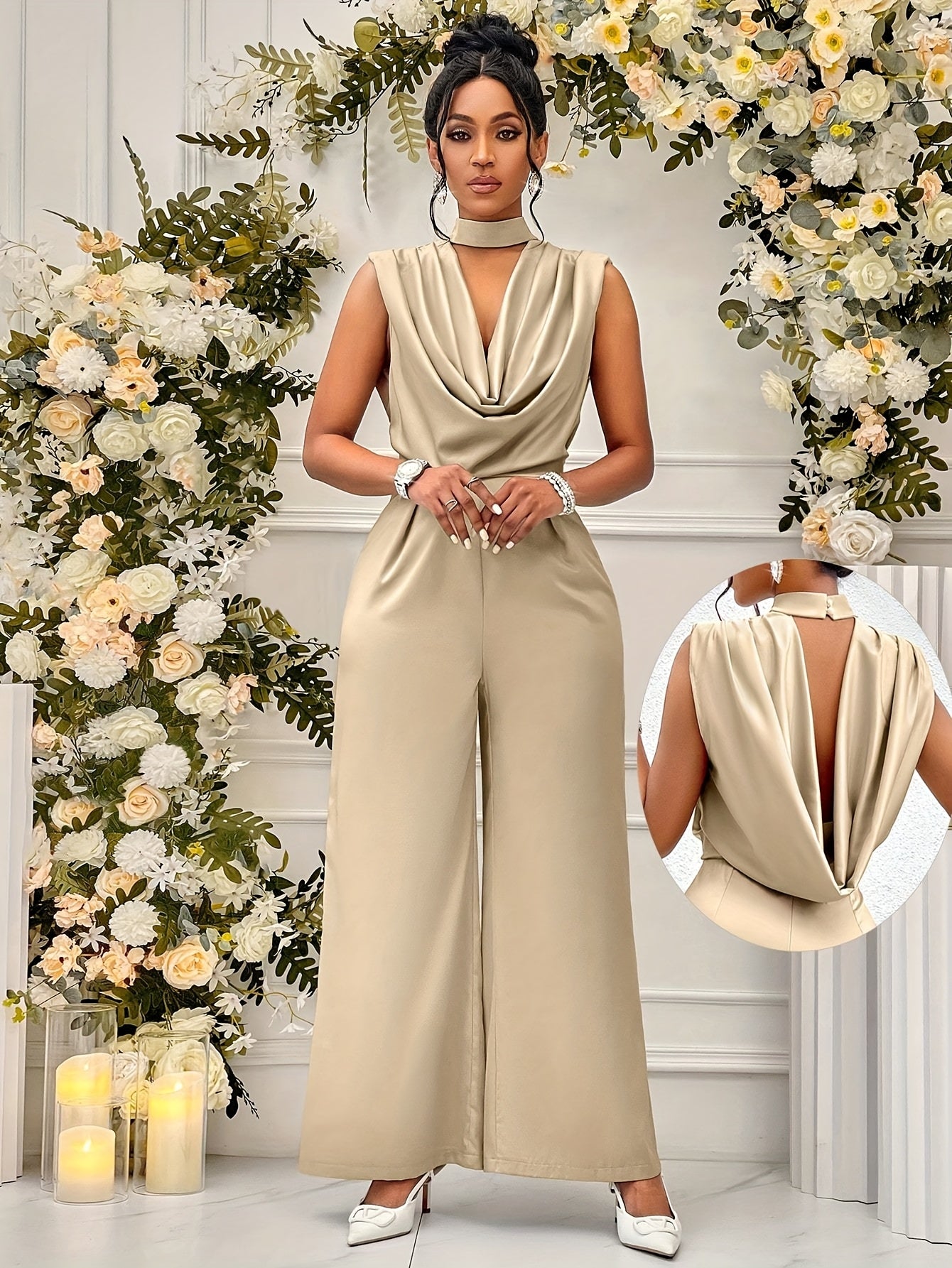 Women's Elegant High-Waisted Sleeveless Wide-Leg Jumpsuit - Beige Stand Collar Non-Stretch Machine Washable All-Season Versatile Outfit for Casual & Formal Events (NS702), Event Clothing | Sophisticated Style | Sophisticated