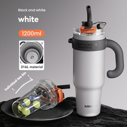 Garrafa de água NRMEI de aço inoxidável de 1,2 litros com pega - Boca dupla - À prova de fugas - Adequada para suportes de copos de automóvel