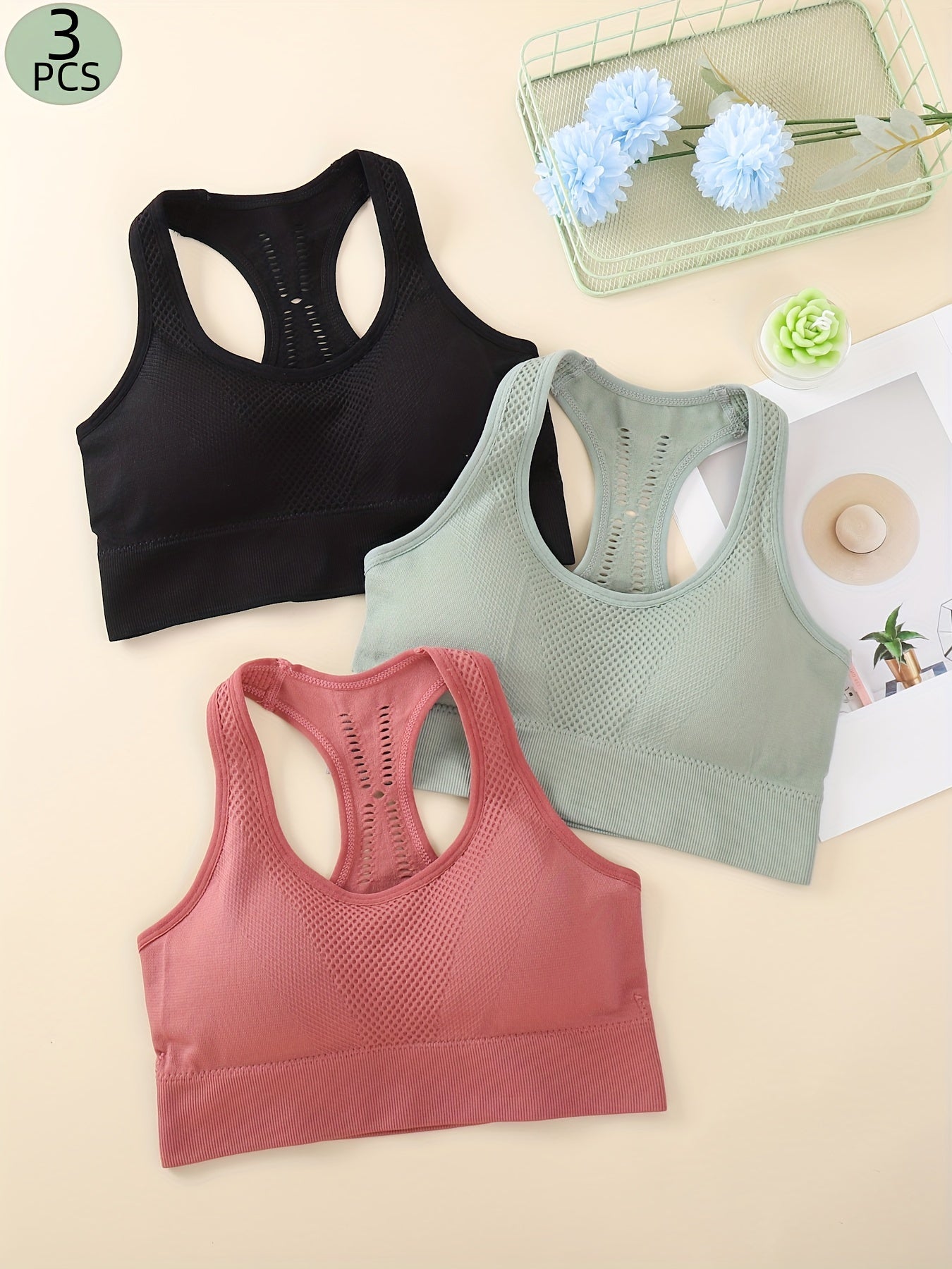 3pcs Solid Racer Back Sports Bra, Sporty Comfy Push Up Bra, Women's Lingerie & Underwear