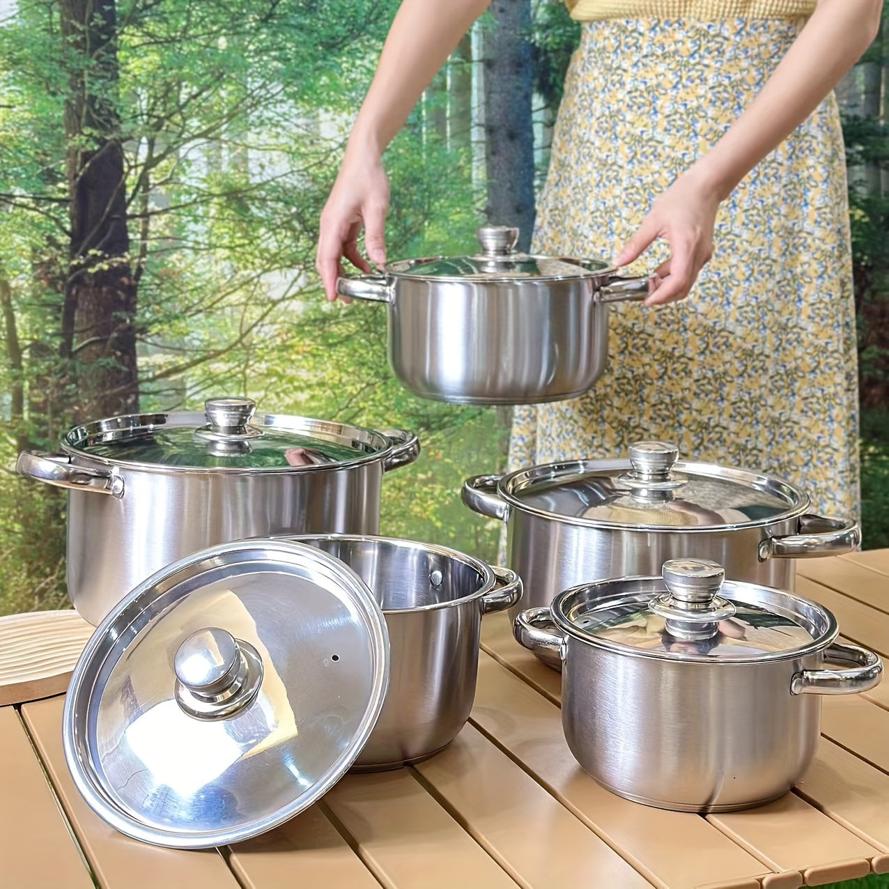 10pcs Stainless Steel Cookware Set, 3.5kg High-Quality, Deep Sided Pots with Lids, Dual Handles, Compatible with Electric Stoves, Ideal for Home and Restaurant Cooking, Suitable for Soup, Hot Pot, Pasta, Seafood Stew