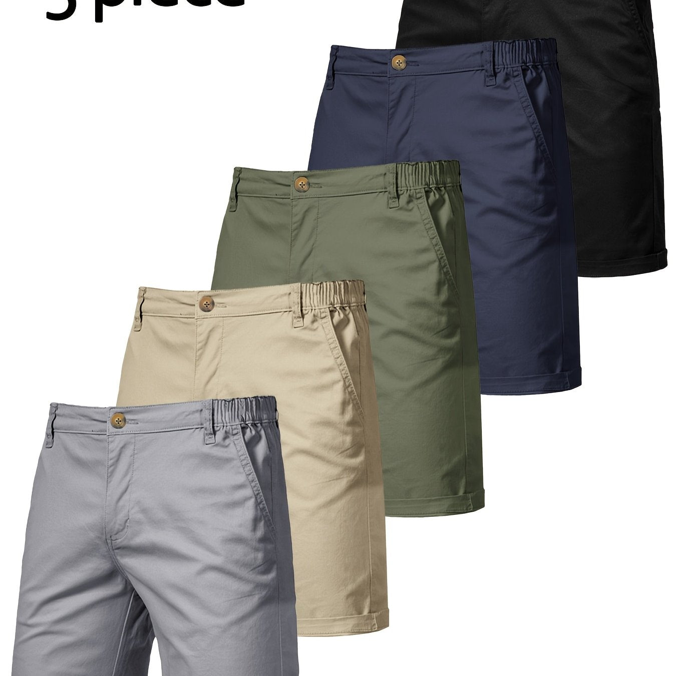 5pcs Men's Formal & Casual Shorts - Multi-Color Business, Streetwear, Beach Pants - Zipper Closure & Belt Loop - Non-Stretch Fabric for Office, Travel, Gym, Vacation - Machine Washable - (Black/Gray/Beige/Olive Green/), Versa