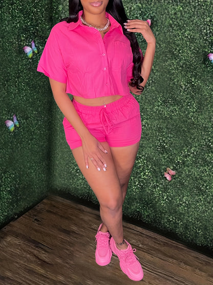 Solid Casual Two-piece Set, Short Sleeve Button Crop Top & Drawstring Waist Shorts Outfits, Women's Clothing