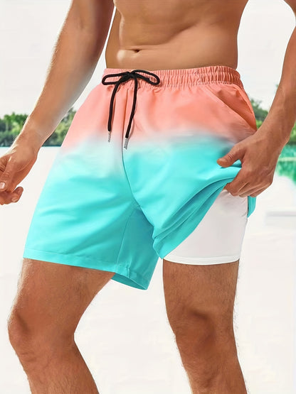 Men's Gradient Beach Shorts - Quick-Dry, Drawstring Waist, Pockets, Polyester, Ideal for Summer Activities & Casual Wear, Casual Summer Shorts|Summer Fashion Shorts|Lightweight Shorts