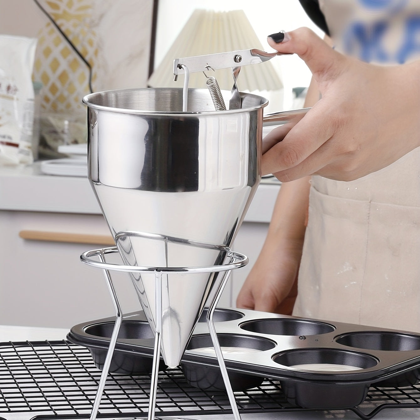 1pc, Stainless Steel Piston Funnel, Octopus Balls Tools With Rack, Batter Dispenser Cake Decorating Tool, Funnel Dispenser With Stand For Takoyaki And Baking, Kitchen Utensils, Apartment Essentials, College Dorm Essentials, B